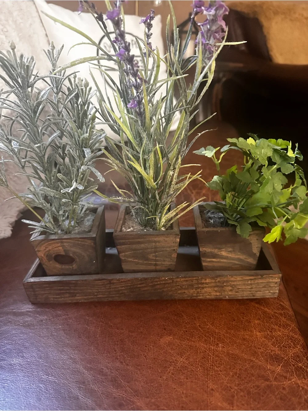Rustic Wood Tray with Three Potted Green and Purple Faux Plants